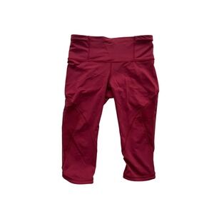 Lululemon Berry Red Cropped Running Leggings Mesh Panels Back Zip Pocket Size 8